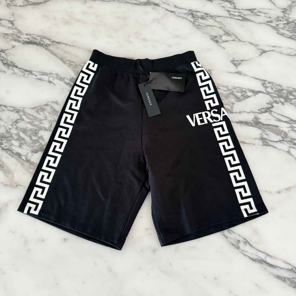 Versace 1000221 Kids Boy's Fleece And Black Logo Greca Sweat Shorts Size 12a